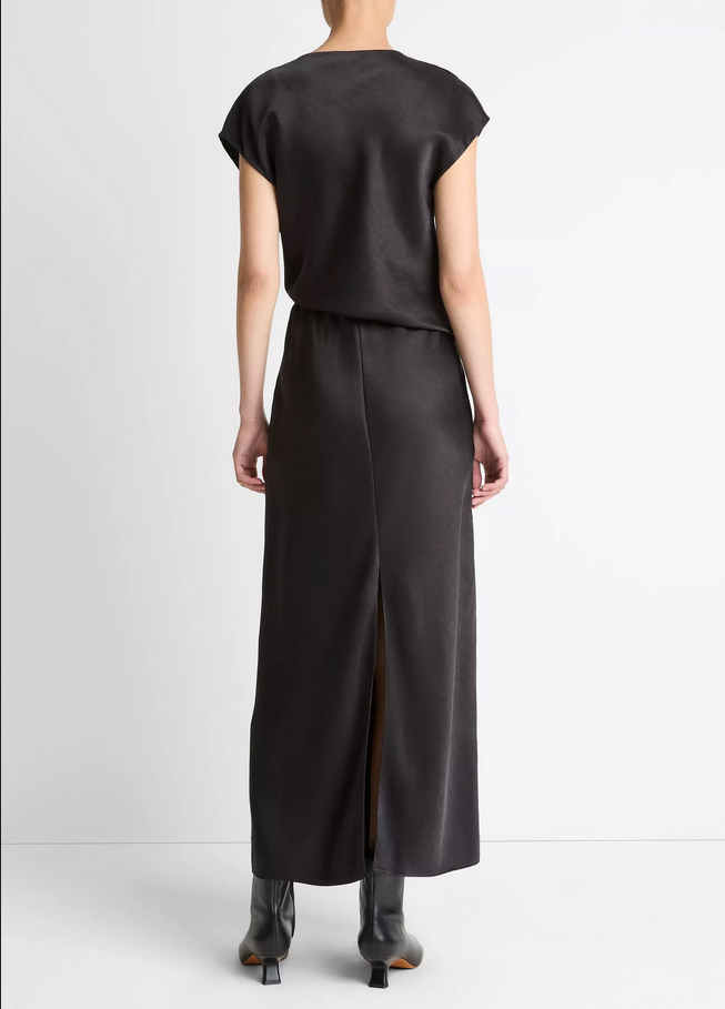 VINCE Draped Satin Cowl-Neck Dress - Black