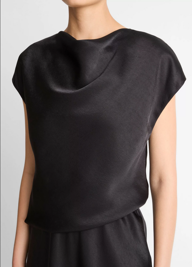 VINCE Draped Satin Cowl-Neck Dress - Black