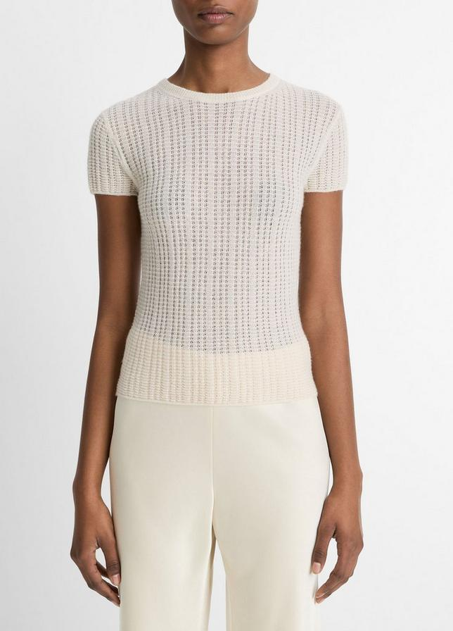 VINCE Waffle-Knit Cashmere-Silk Short-Sleeve Sweater - White Sand