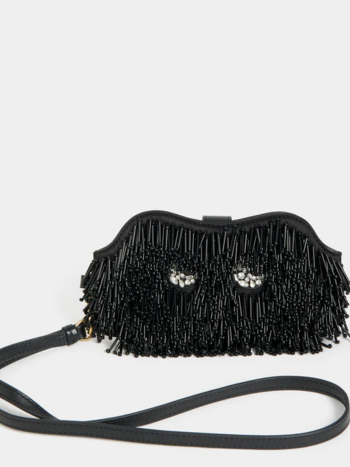 ANYA HINDMARCH Embellished Eyes Sunglasses Pouch - Black Satin & Leather