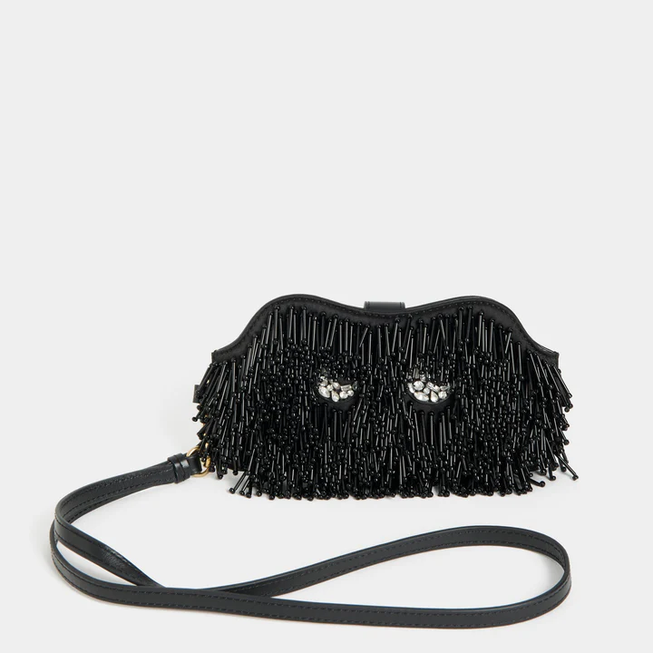 ANYA HINDMARCH Embellished Eyes Sunglasses Pouch - Black Satin & Leather