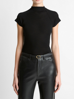 VINCE Wool Raglan Cap-Sleeve Mock-Neck Top - Black