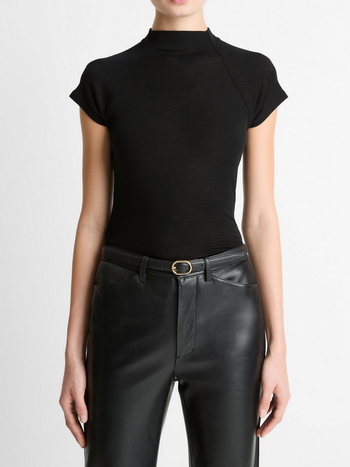 VINCE Wool Raglan Cap-Sleeve Mock-Neck Top - Black