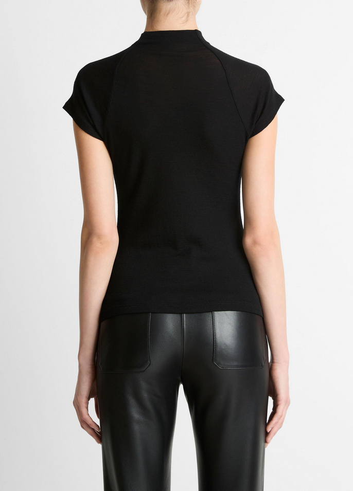 VINCE Wool Raglan Cap-Sleeve Mock-Neck Top - Black