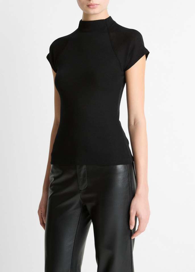 VINCE Wool Raglan Cap-Sleeve Mock-Neck Top - Black