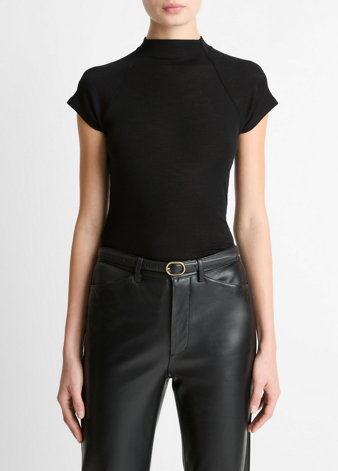 VINCE Wool Raglan Cap-Sleeve Mock-Neck Top - Black