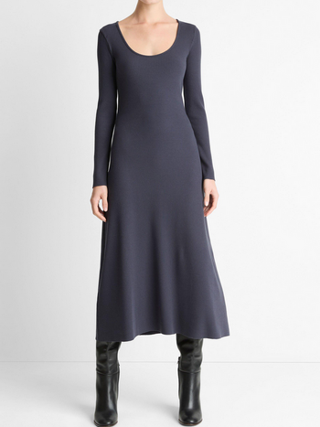 VINCE Ribbed Cotton-Blend Scoop-Neck Dress - Night Marine
