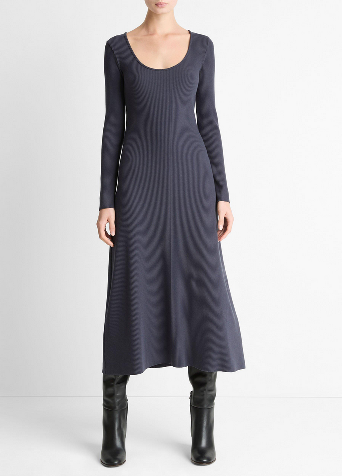 VINCE Ribbed Cotton-Blend Scoop-Neck Dress - Night Marine