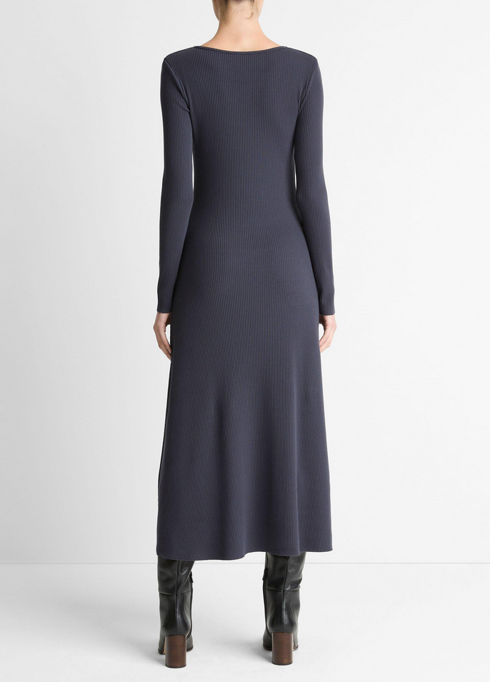 VINCE Ribbed Cotton-Blend Scoop-Neck Dress - Night Marine