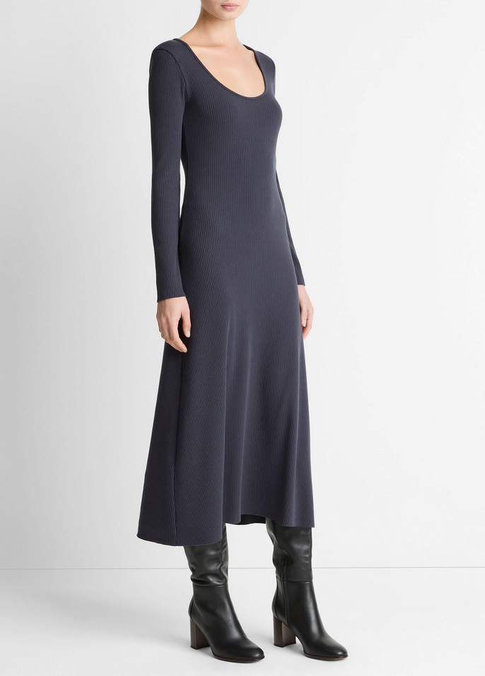 VINCE Ribbed Cotton-Blend Scoop-Neck Dress - Night Marine