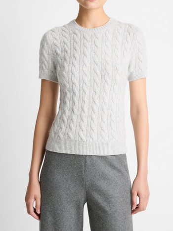 VINCE Cable-Knit Wool & Cashmere-Blend Short-Sleeve Sweater - Heather Pale Grey