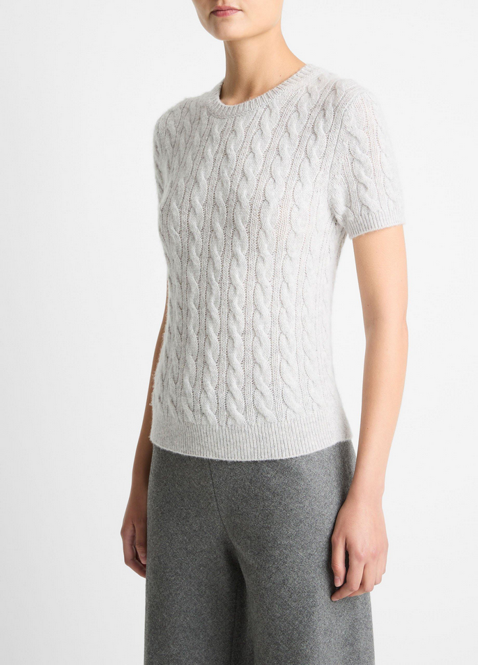 VINCE Cable-Knit Wool & Cashmere-Blend Short-Sleeve Sweater - Heather Pale Grey