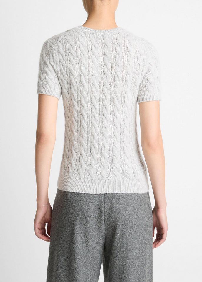 VINCE Cable-Knit Wool & Cashmere-Blend Short-Sleeve Sweater - Heather Pale Grey