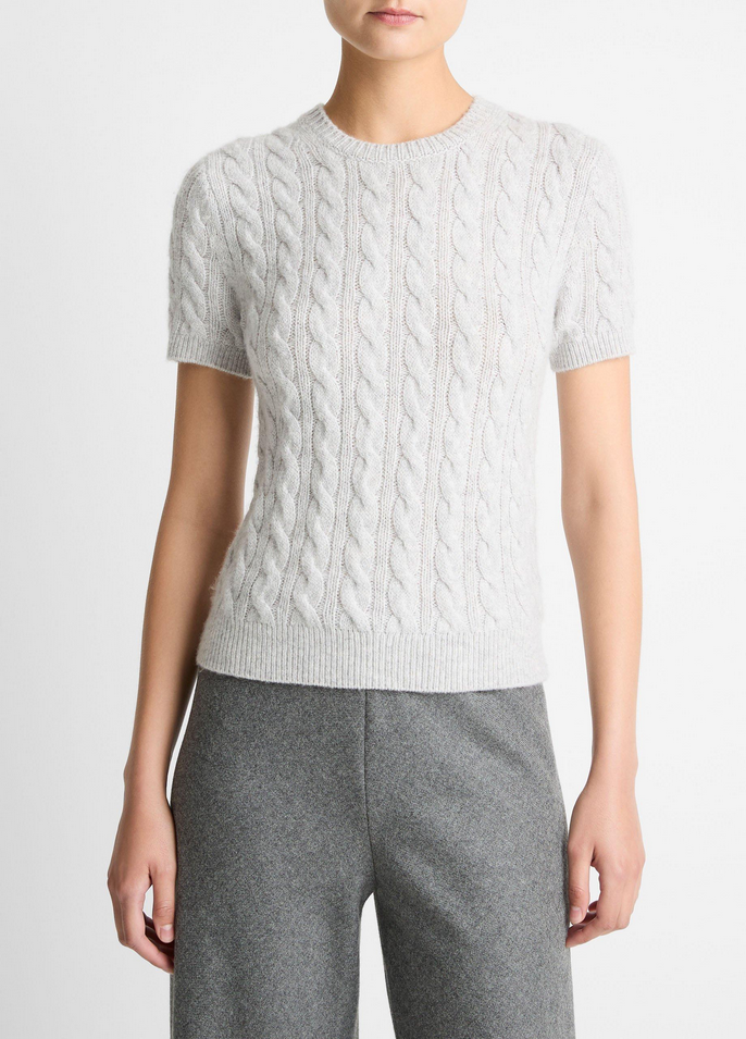 VINCE Cable-Knit Wool & Cashmere-Blend Short-Sleeve Sweater - Heather Pale Grey