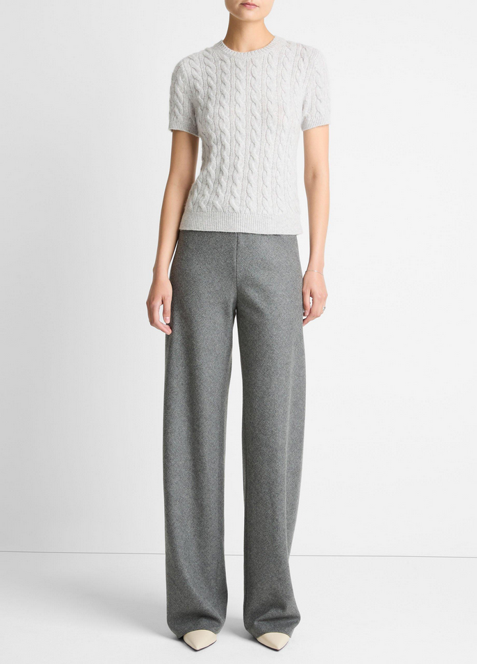 VINCE Cable-Knit Wool & Cashmere-Blend Short-Sleeve Sweater - Heather Pale Grey