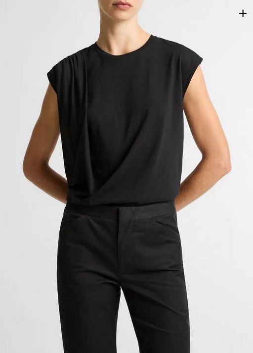 VINCE Pima Cotton Draped Sleeveless Top - Black