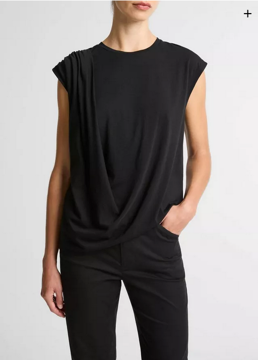VINCE Pima Cotton Draped Sleeveless Top - Black