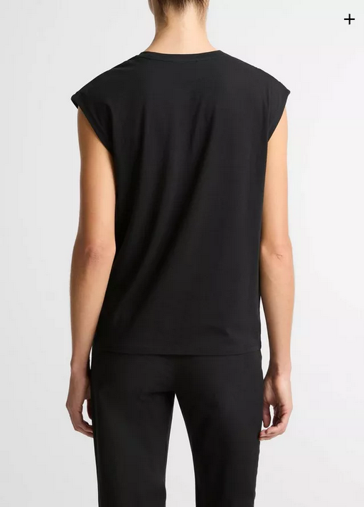 VINCE Pima Cotton Draped Sleeveless Top - Black