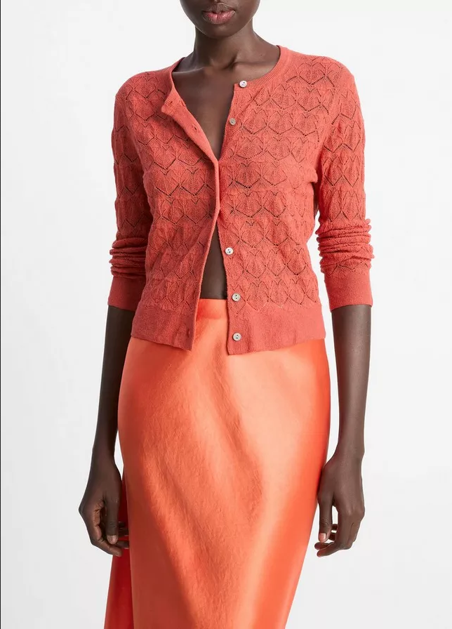 VINCE Lace-Stitch Cotton Cardigan - Terra