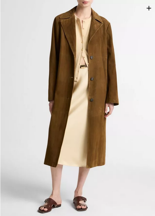 VINCE Suede Long Coat - Wood Moss