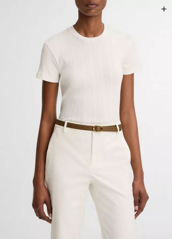 VINCE Ribbed Pima Cotton Crew Neck Top - Bone