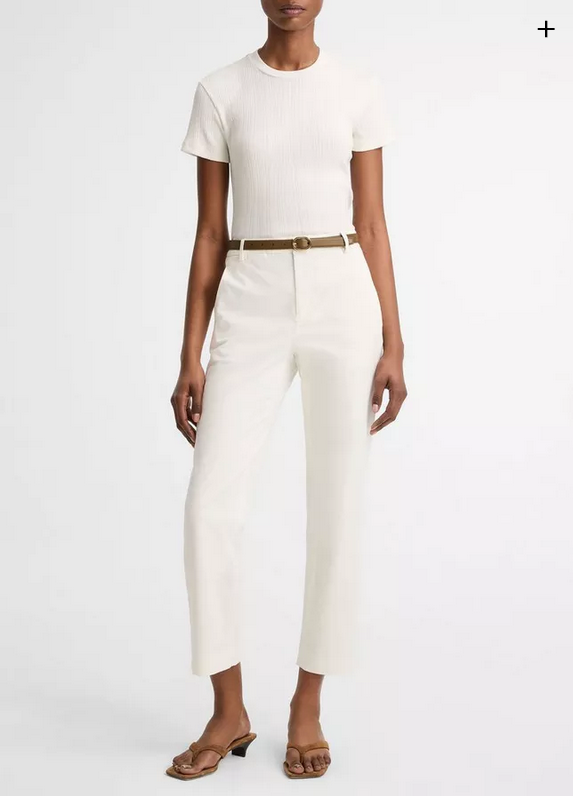 VINCE Ribbed Pima Cotton Crew Neck Top - Bone