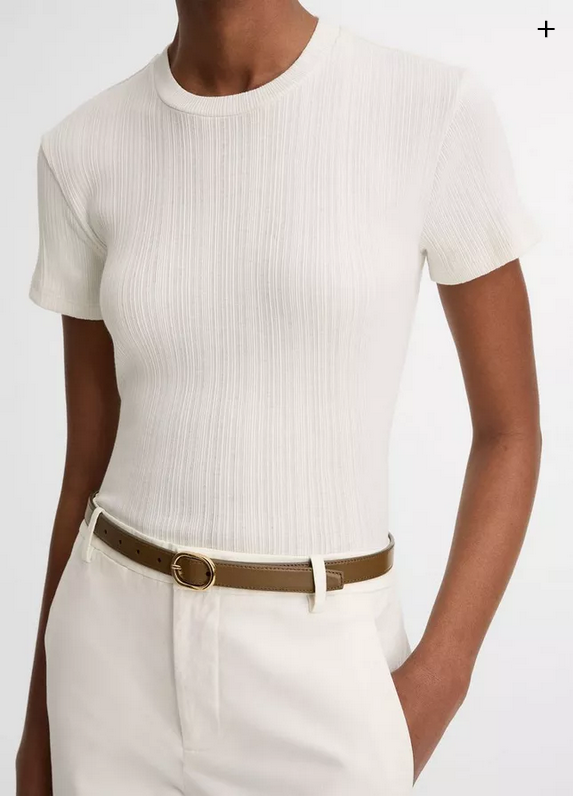 VINCE Ribbed Pima Cotton Crew Neck Top - Bone