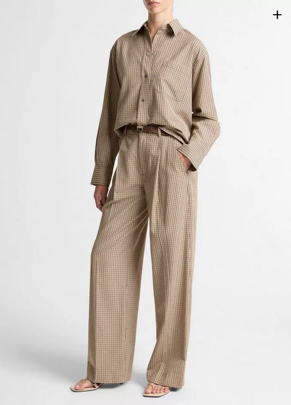 VINCE Camille Checked Cotton-Blend Wide-Leg Trouser - Light Wheatstone Check