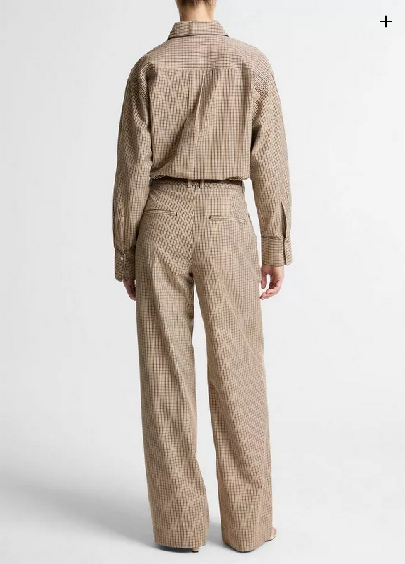 VINCE Camille Checked Cotton-Blend Wide-Leg Trouser - Light Wheatstone Check