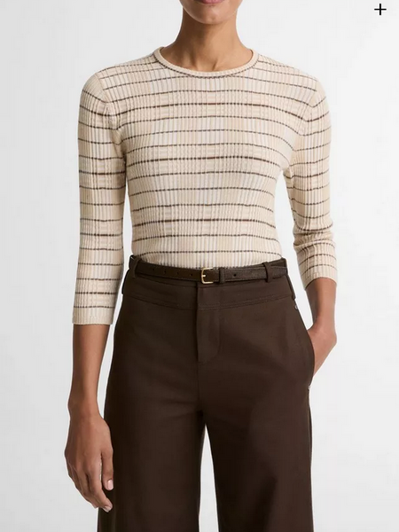 VINCE Plaid Wool-Cashmere Elbow-Sleeve Sweater