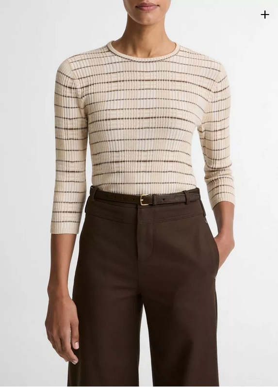 VINCE Plaid Wool-Cashmere Elbow-Sleeve Sweater - Wheatstone Combo