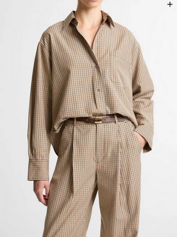 VINCE Checked Cotton-Blend Cropped Button-Front Shirt - Light Wheatstone Check