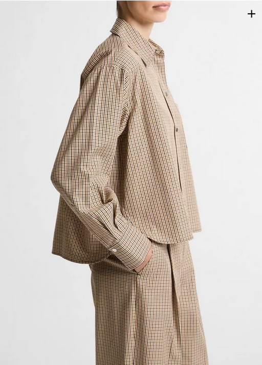 VINCE Checked Cotton-Blend Cropped Button-Front Shirt - Light Wheatstone Check