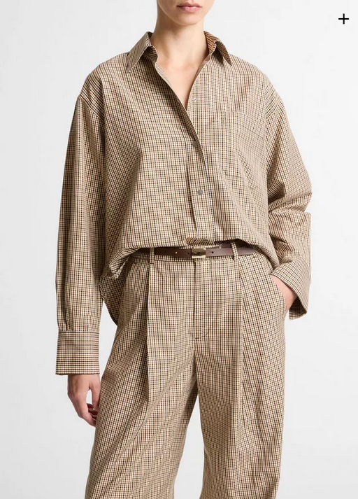 VINCE Checked Cotton-Blend Cropped Button-Front Shirt - Light Wheatstone Check