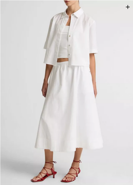 VINCE Scallop Detail Cotton Midi Skirt - Optic White