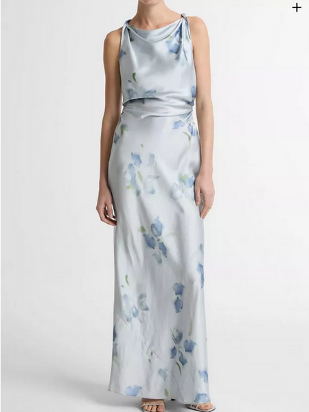 VINCE Petal Blur Satin Twist-Shoulder Dress