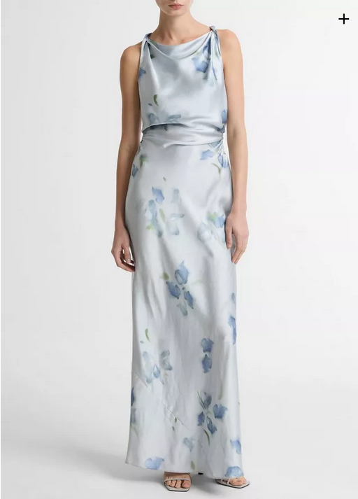 VINCE Petal Blur Satin Twist-Shoulder Dress - Soft Grey