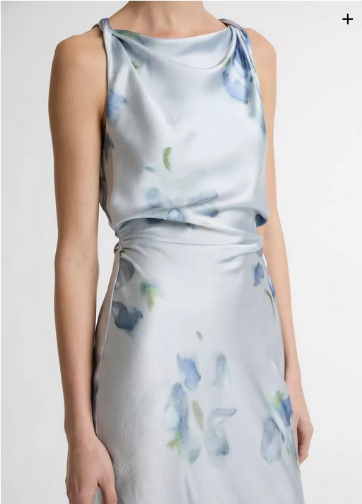 VINCE Petal Blur Satin Twist-Shoulder Dress - Soft Grey