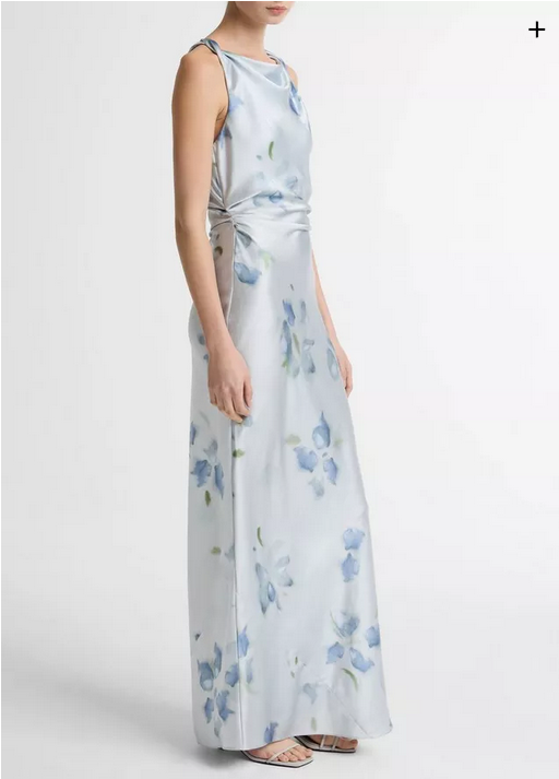 VINCE Petal Blur Satin Twist-Shoulder Dress - Soft Grey