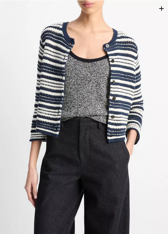 VINCE Textured Stripe Italian Cotton Cardigan - Navy/Off White