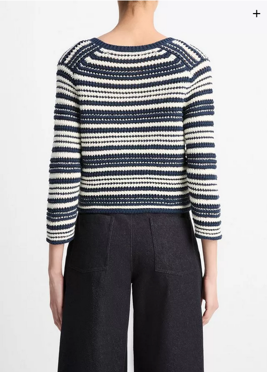 VINCE Textured Stripe Italian Cotton Cardigan - Navy/Off White