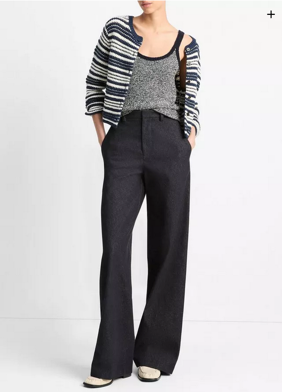 VINCE Textured Stripe Italian Cotton Cardigan - Navy/Off White