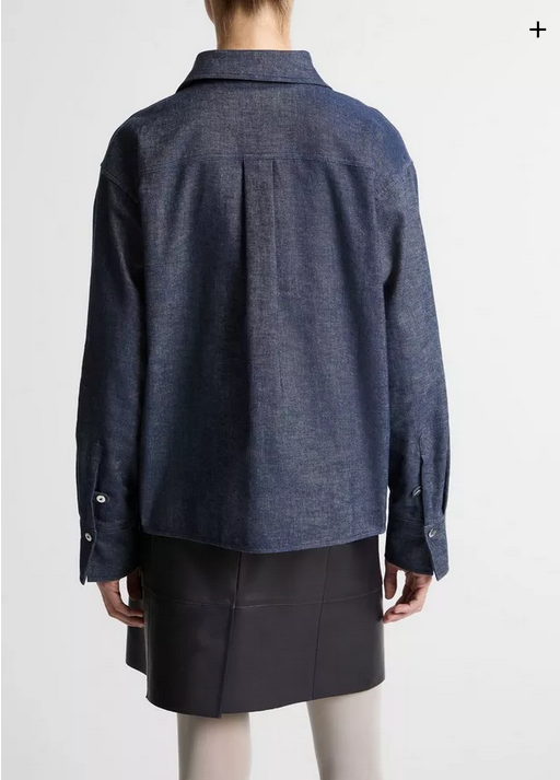 VINCE Chambray Cropped Button Front Shirt - Indigo