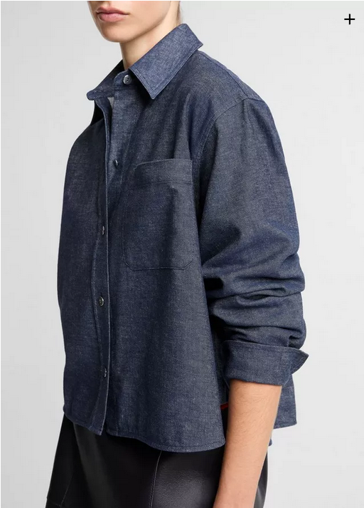 VINCE Chambray Cropped Button Front Shirt - Indigo