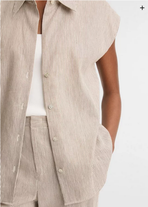 VINCE Ticking Stripe Linen Cotton Cap Sleeve Blouse - Taupe Wood