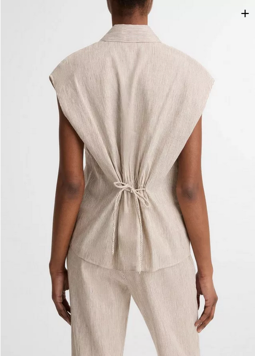 VINCE Ticking Stripe Linen Cotton Cap Sleeve Blouse - Taupe Wood
