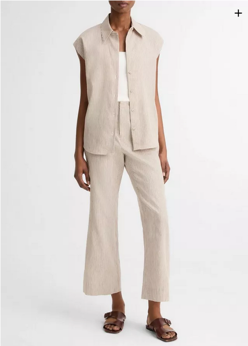 VINCE Ticking Stripe Linen Cotton Cap Sleeve Blouse - Taupe Wood