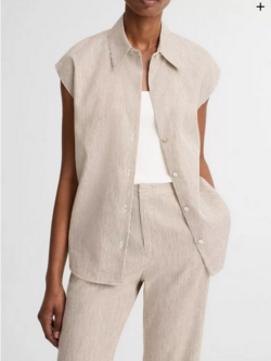 VINCE Ticking Stripe Linen Cotton Cap Sleeve Blouse - Taupe Wood