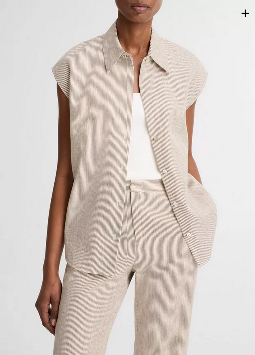 VINCE Ticking Stripe Linen Cotton Cap Sleeve Blouse - Taupe Wood