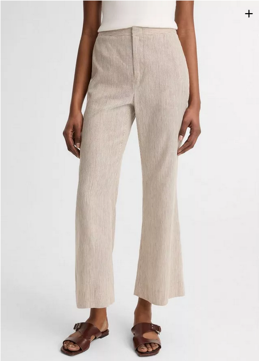 VINCE Ticking Stripe Linen Cotton Low Rise Flare Trouser - Taupe Wood